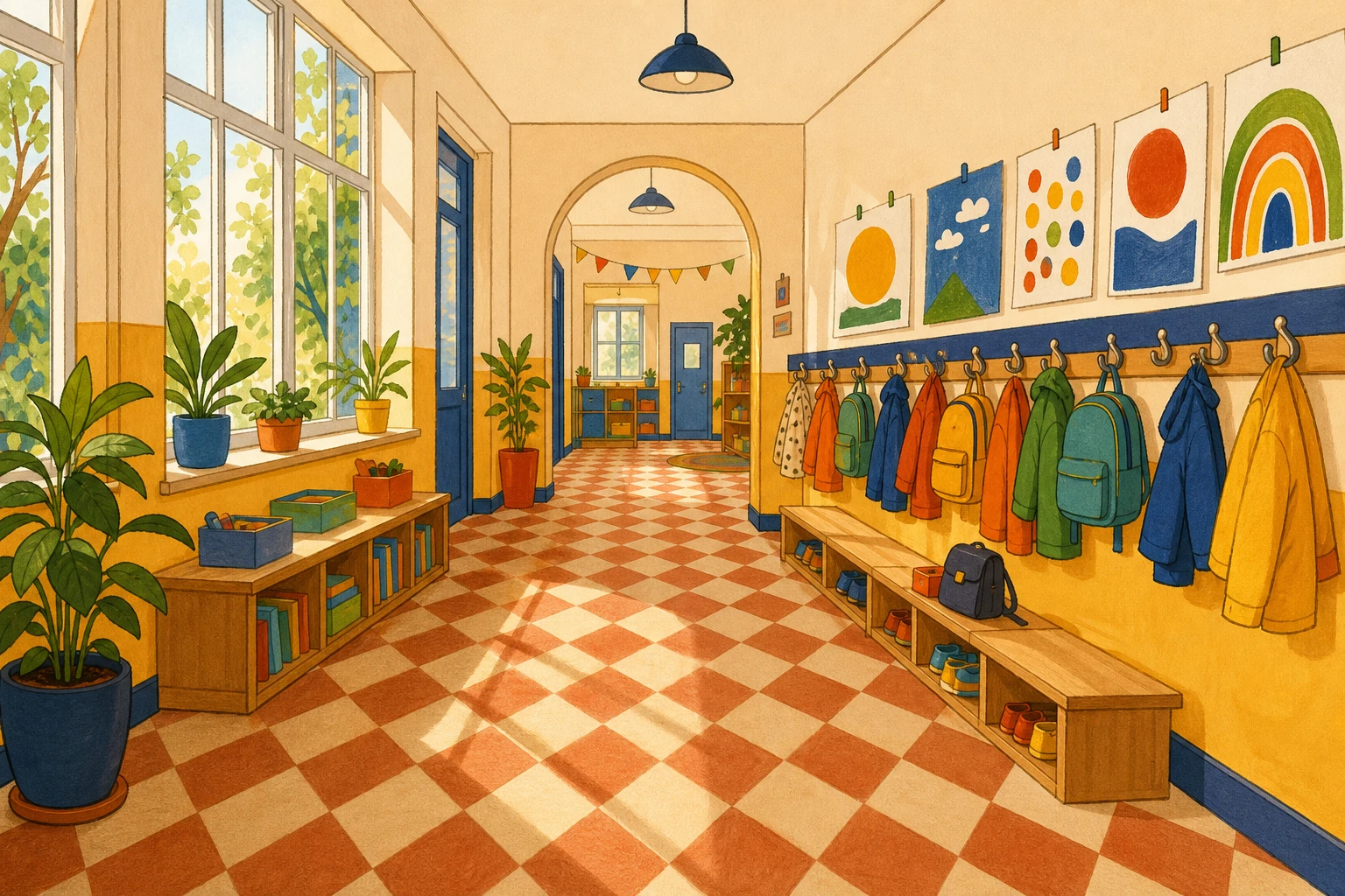 Illustration couloir ecole portemanteaux