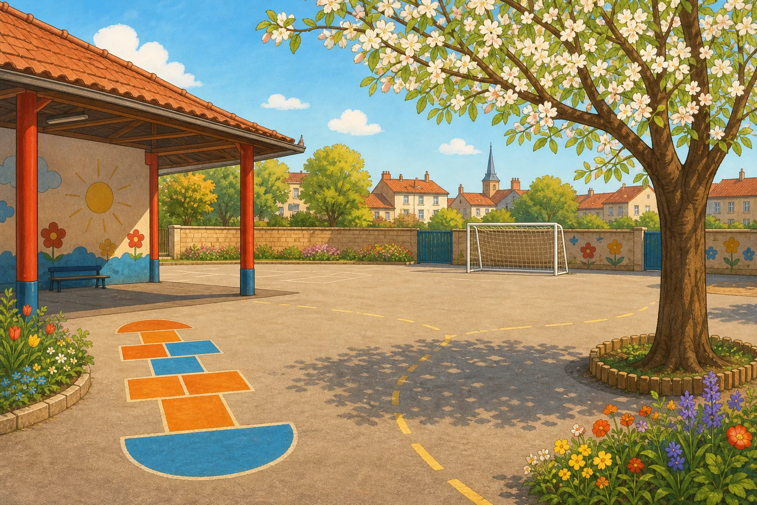 Illustration cour recreation printemps