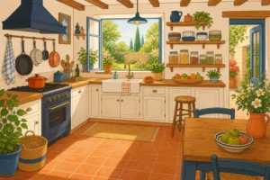 Illustration d'une cuisine de maison, pour la leçon de numération CE1