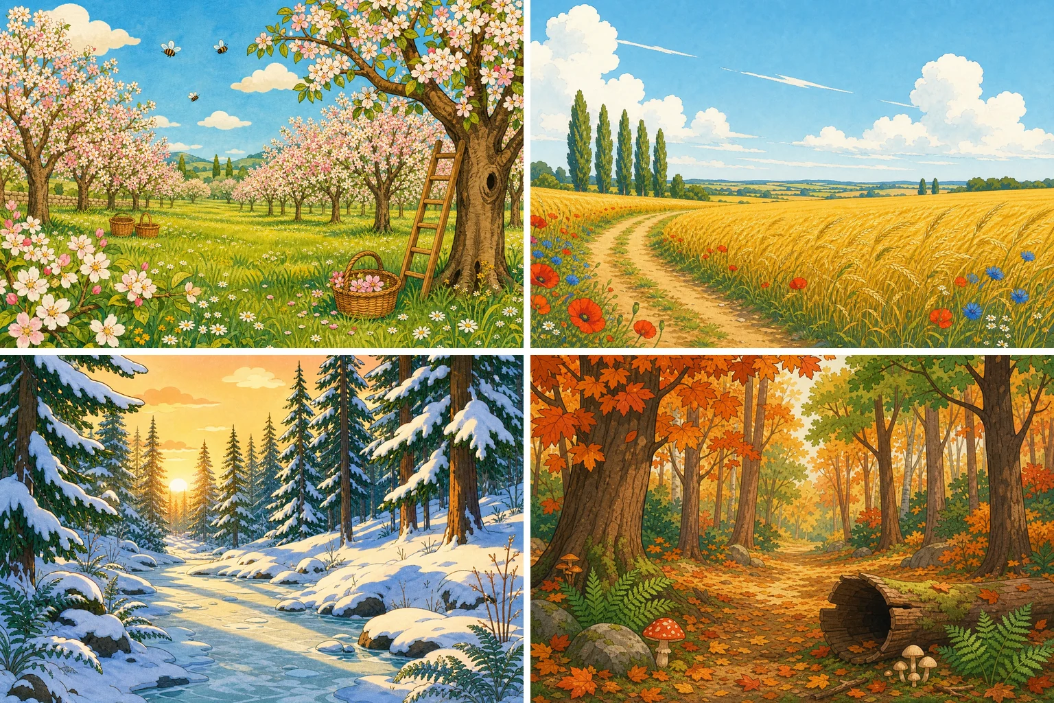 Les quatre saisons illustrées : verger en fleurs au printemps, champ de blé en été, sous-bois roux en automne, forêt enneigée en hiver