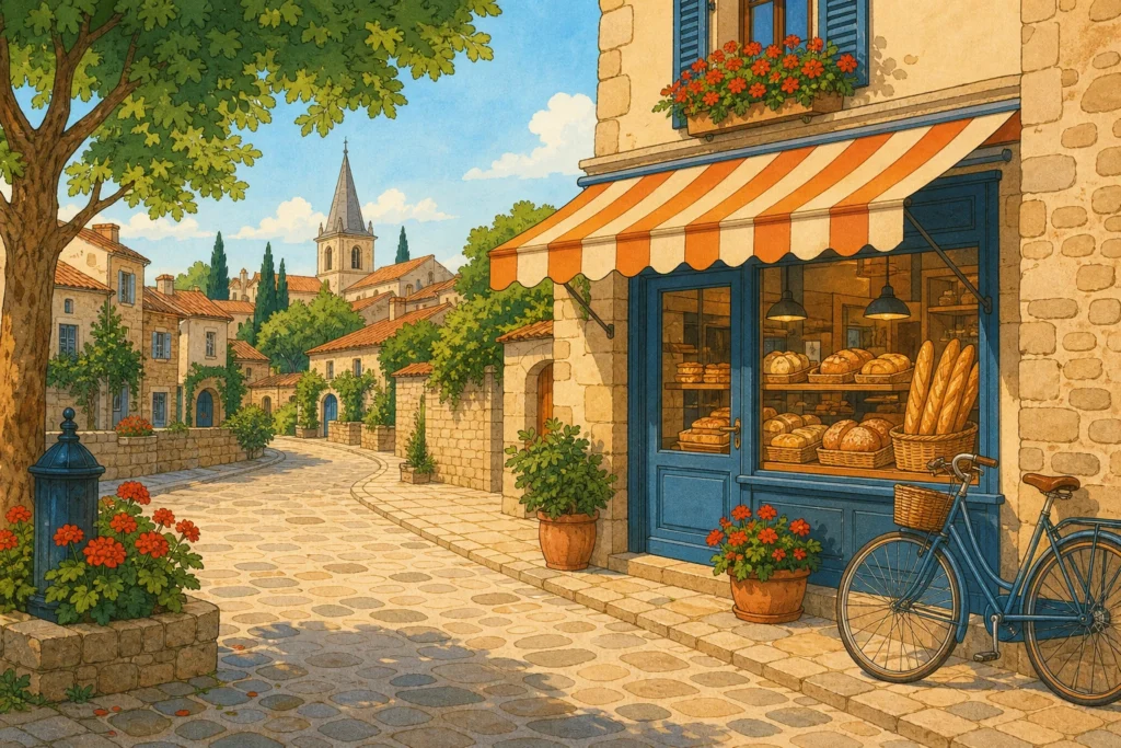 Illustration rue village boulangerie