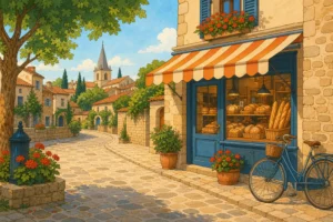 Illustration rue village boulangerie