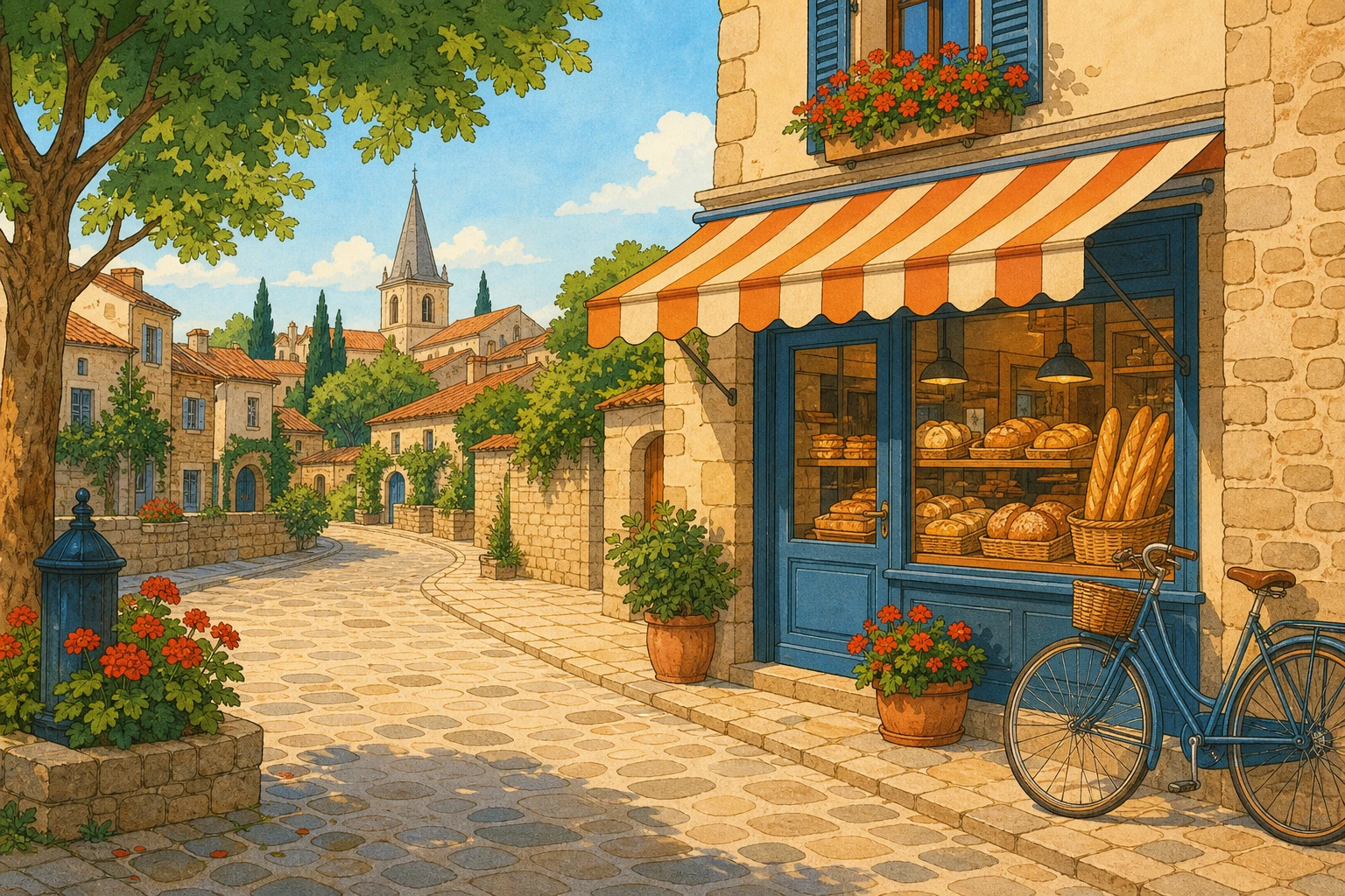 Illustration rue village boulangerie