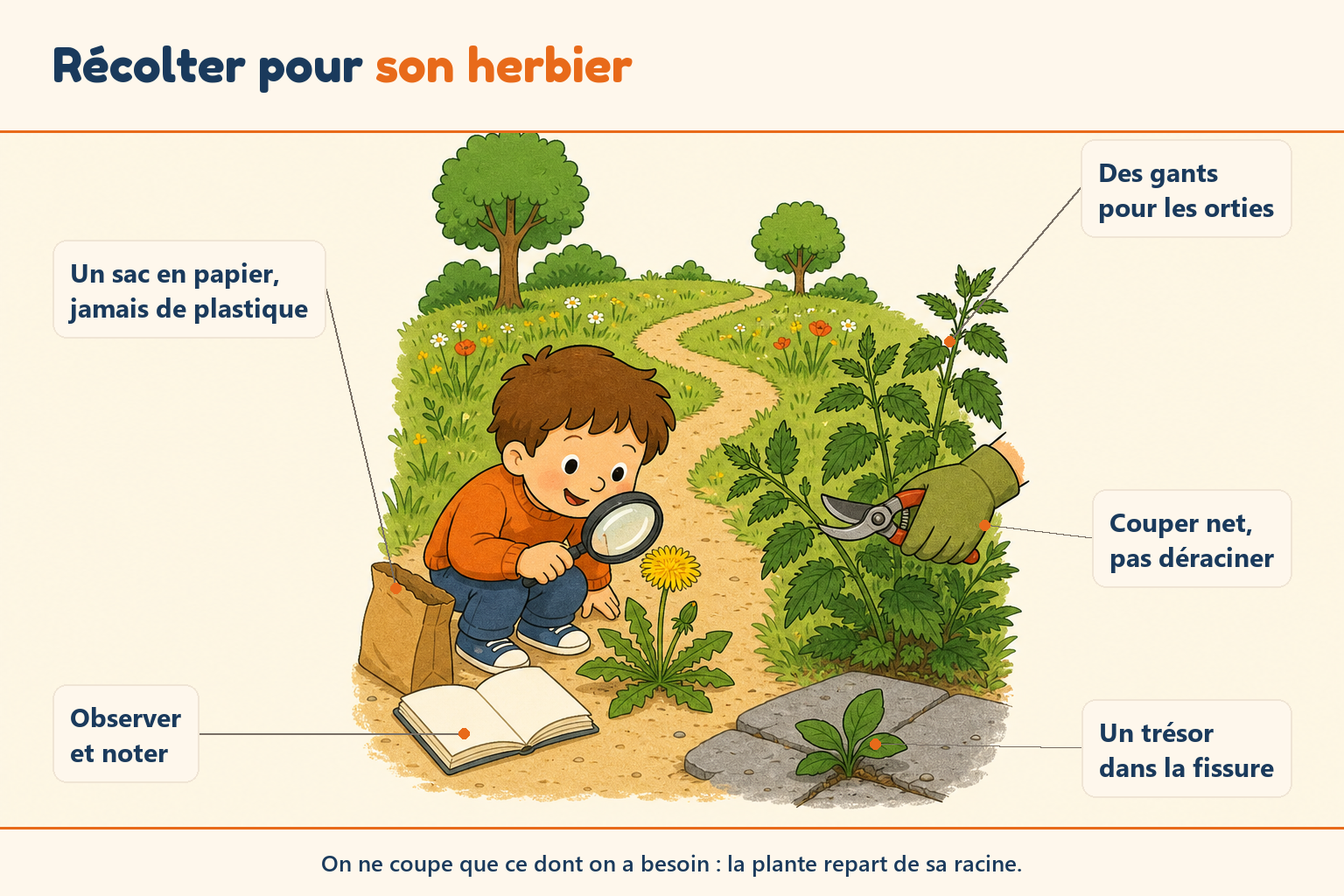 Enfant observant la nature avec une loupe pour créer un herbier