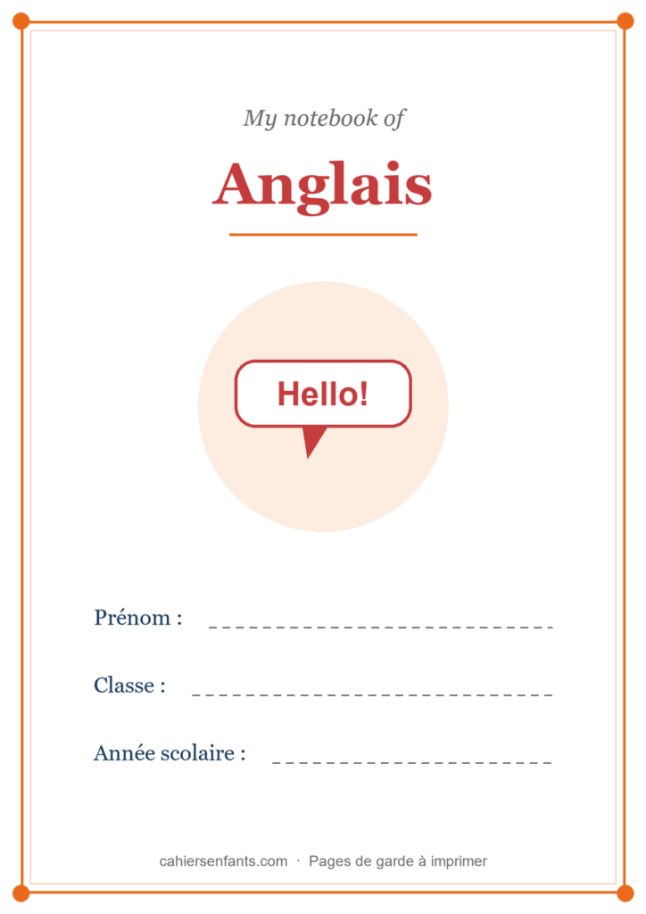 Page de garde du cahier d'anglais à imprimer