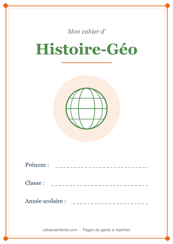 Page de garde du cahier d'histoire-géographie à imprimer