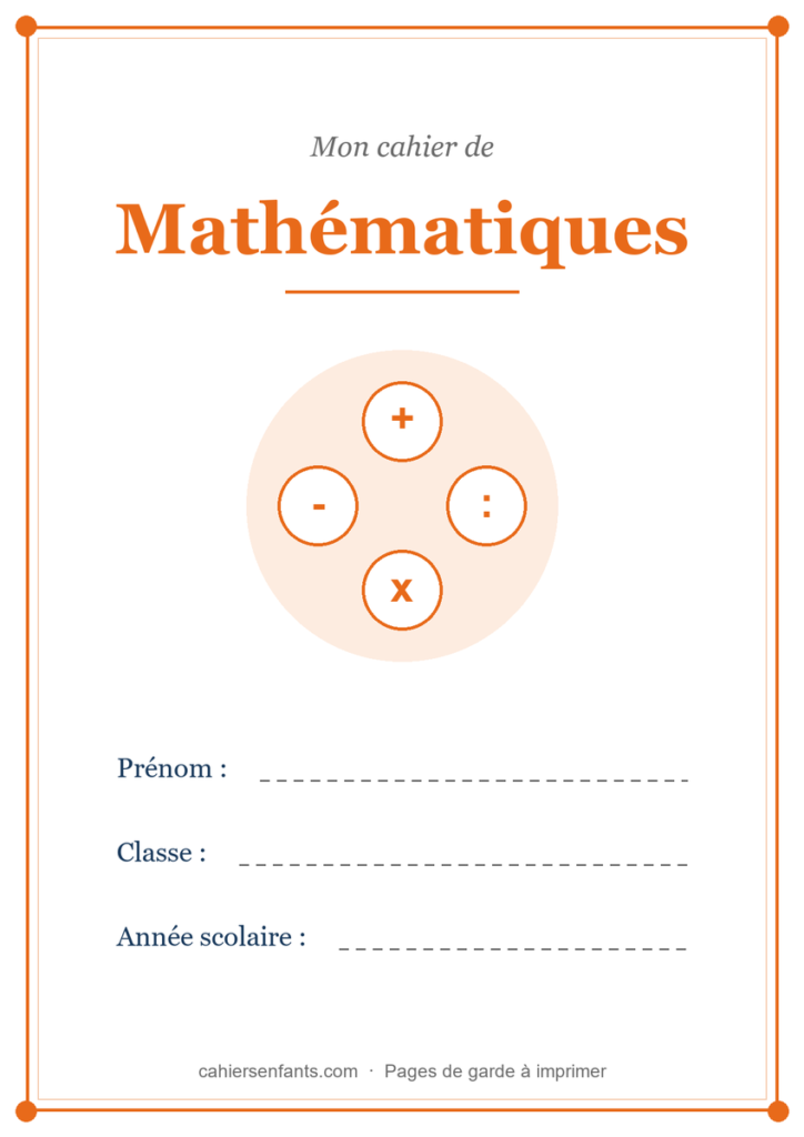 Page de garde du cahier de mathématiques à imprimer