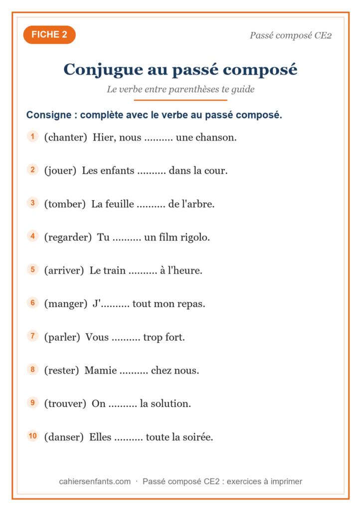 Fiche conjuguer au passé composé CE2, 10 phrases à compléter
