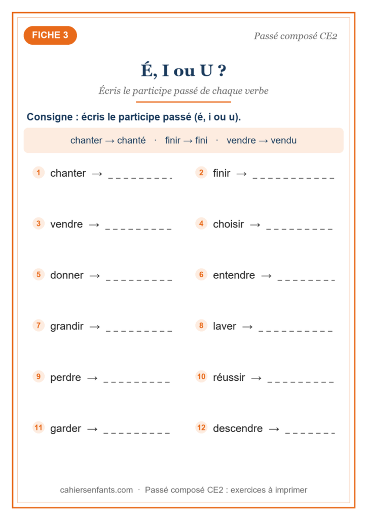 Exercice participes passés en é i u, fiche CE2 à imprimer