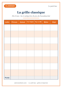 Grille de petit bac classique à imprimer, 6 catégories du jeu du baccalauréat