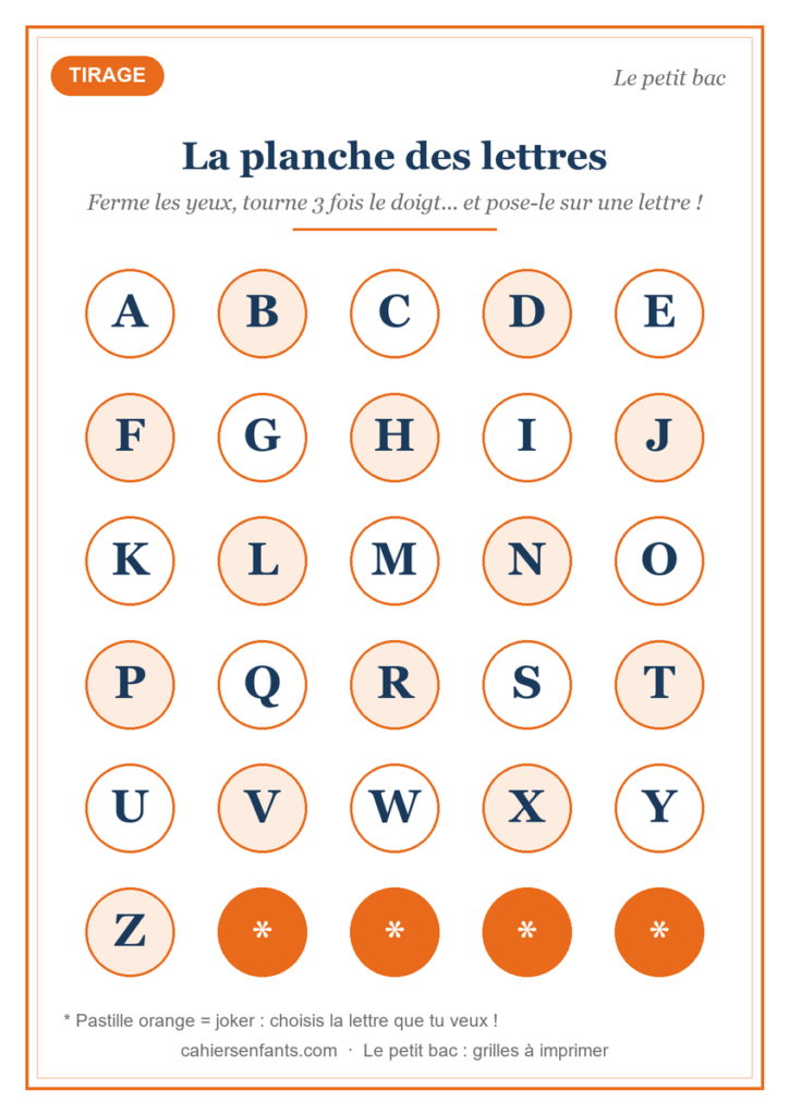 Planche de tirage des lettres pour le petit bac, alphabet à imprimer