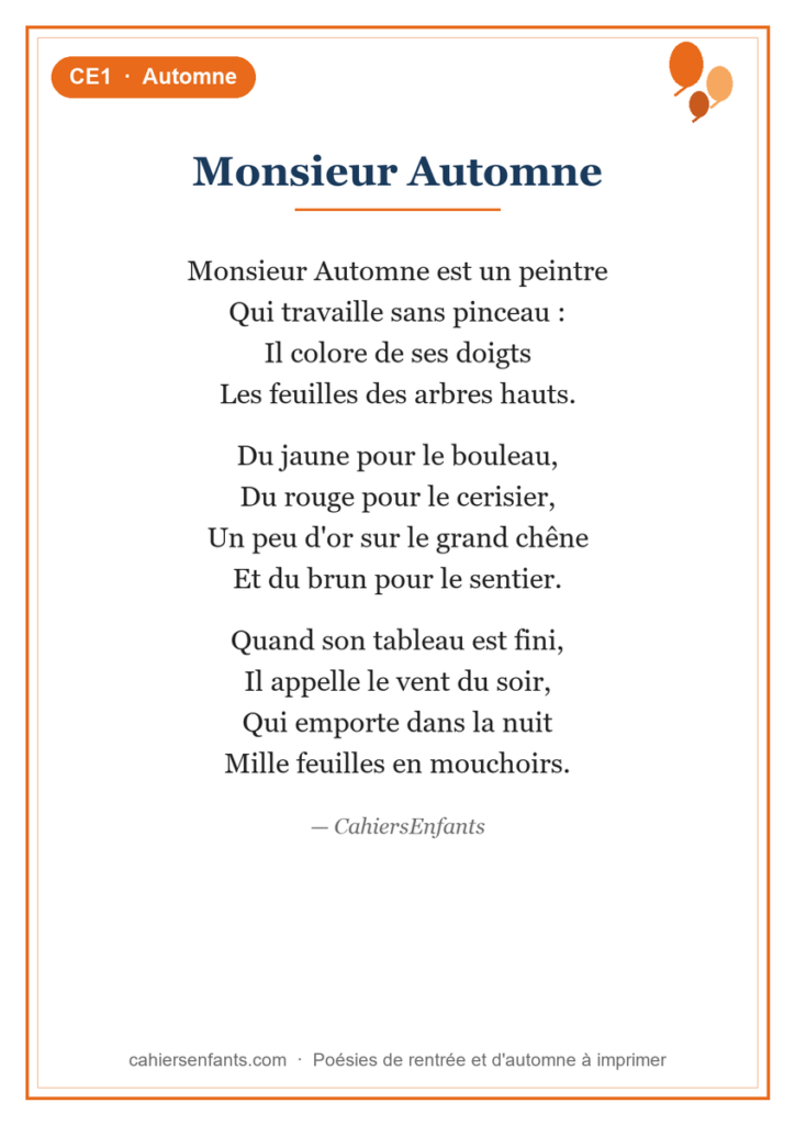 Poésie d'automne CE1 Monsieur Automne, fiche à imprimer