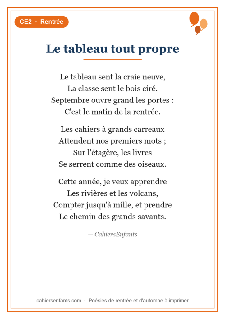 Poésie de rentrée CE2 Le tableau tout propre, fiche à imprimer