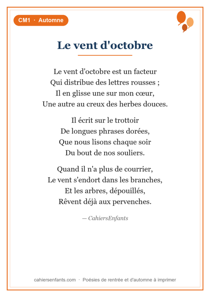Poésie d'automne CM1 Le vent d'octobre, fiche à imprimer