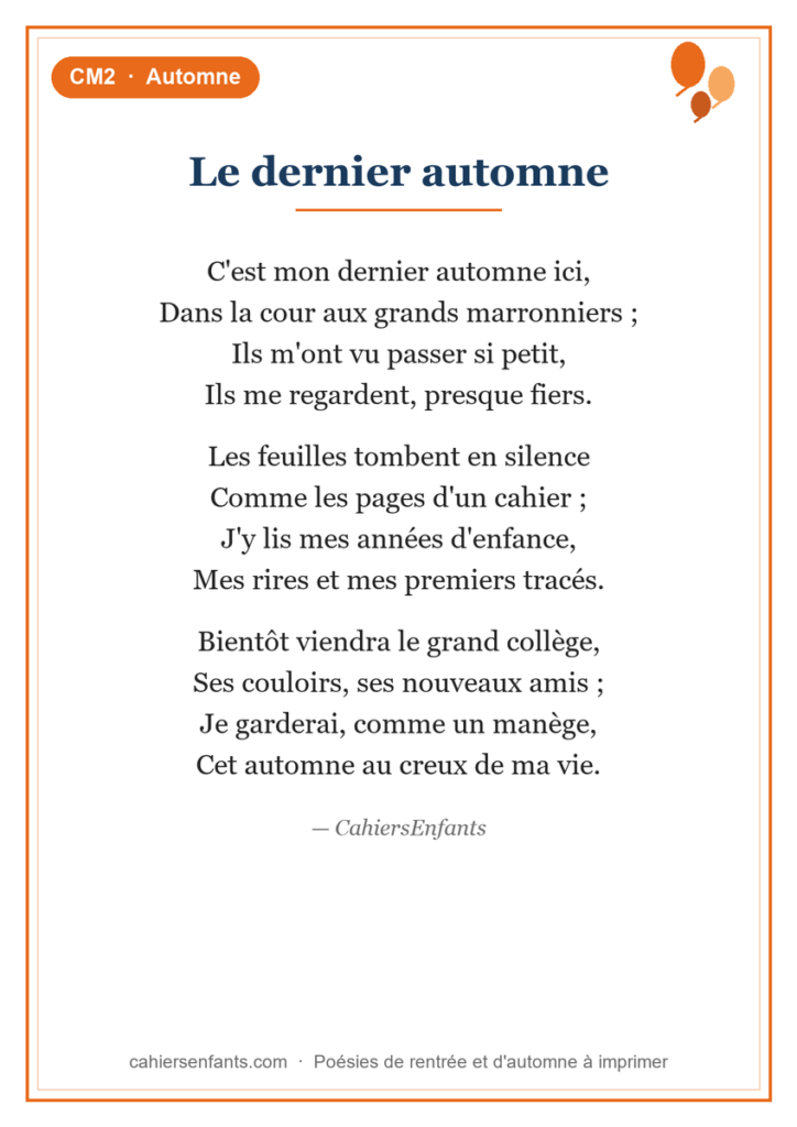 Poésie d'automne CM2 Le dernier automne, fiche à imprimer