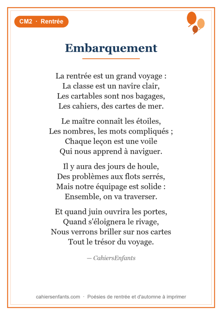 Poésie de rentrée CM2 Embarquement, fiche à imprimer