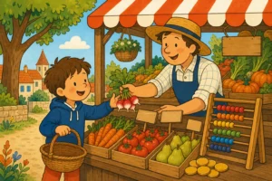 Enfant avec un panier devant un etal de marche et un boulier a boules colorees, probleme de maths CE1