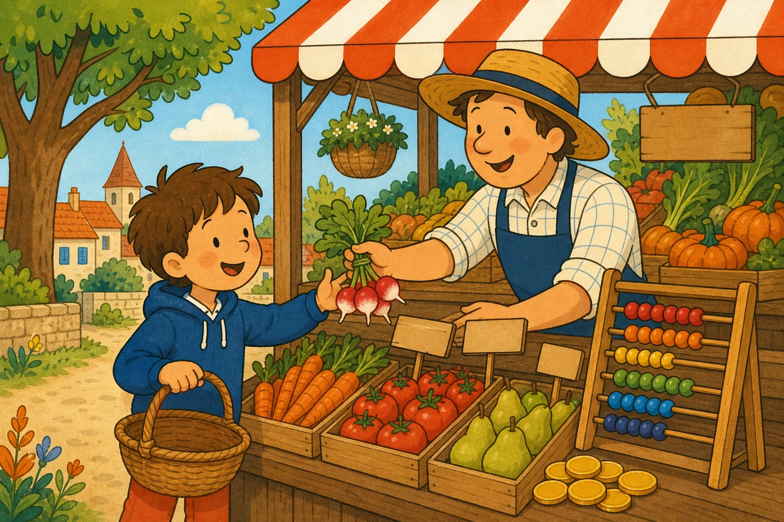 Enfant avec un panier devant un etal de marche et un boulier a boules colorees, probleme de maths CE1