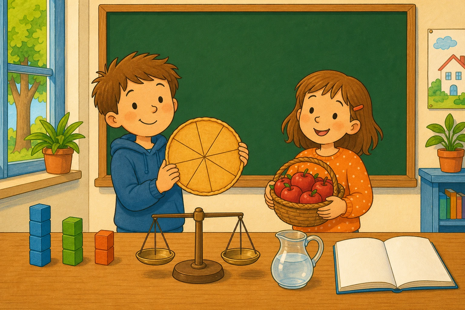 Deux enfants resolvent un probleme de maths en classe, tarte partagee en parts egales et cubes a compter