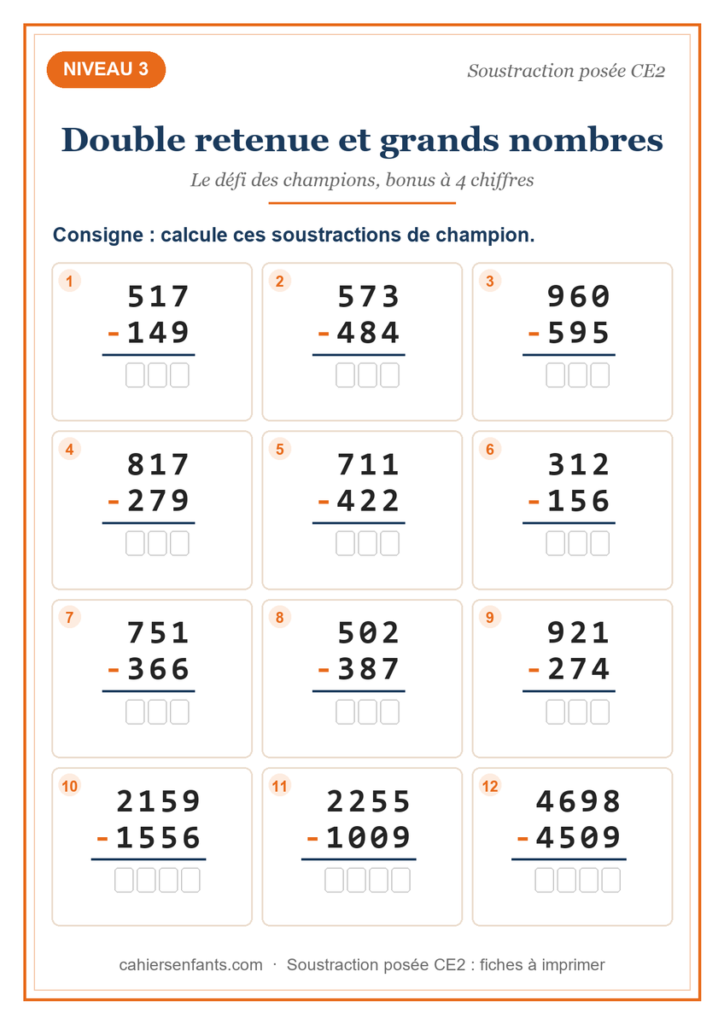 Fiche soustraction posée CE2 double retenue et nombres à 4 chiffres
