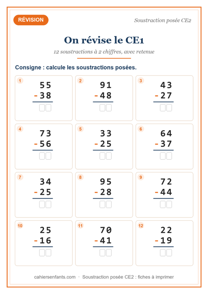Fiche de révision soustraction posée à 2 chiffres avec retenue, exercices à imprimer