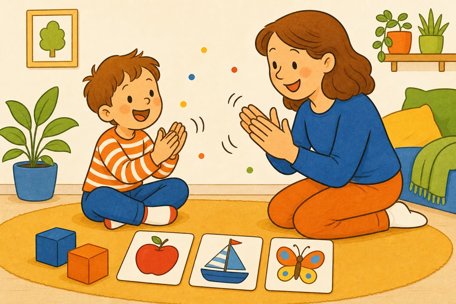 Enfant de CP qui frappe dans ses mains pour compter les syllabes, cartes illustrees posees au sol