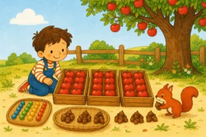 Enfant et ecureuil rangent des pommes en rangees egales dans des cageots, des billes alignees a cote