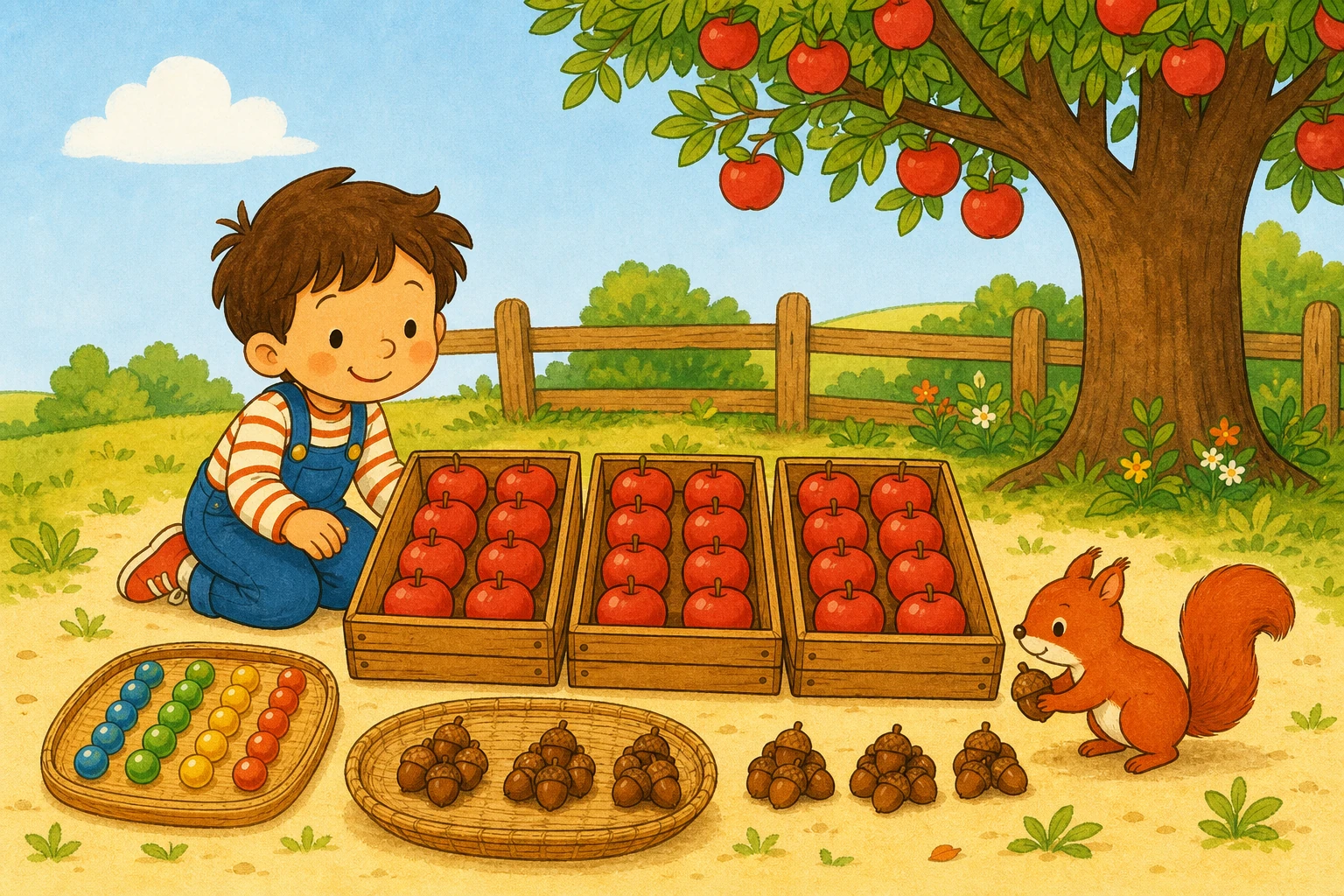 Enfant et ecureuil rangent des pommes en rangees egales dans des cageots, des billes alignees a cote