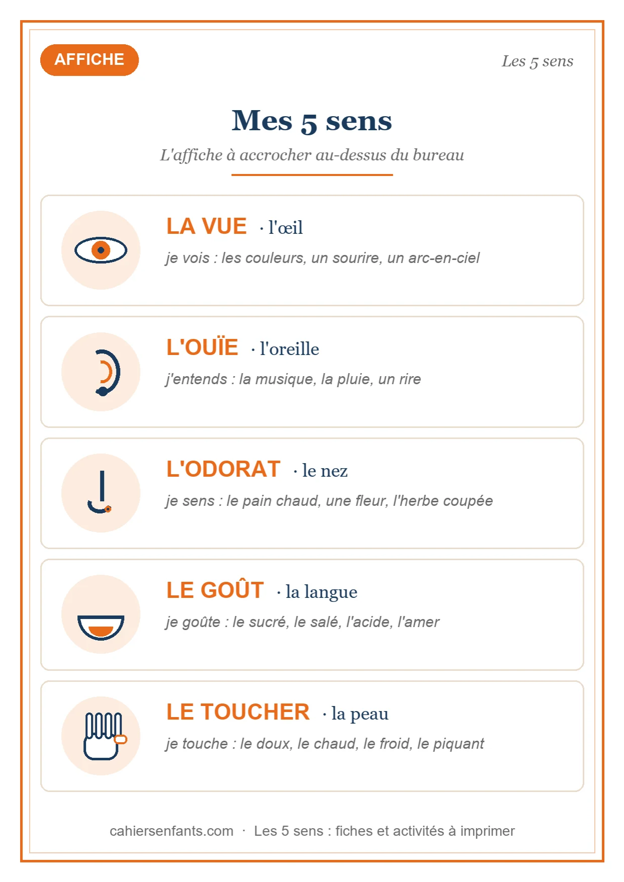 L’affiche des 5 sens, poster maternelle à imprimer avec les organes et des exemples