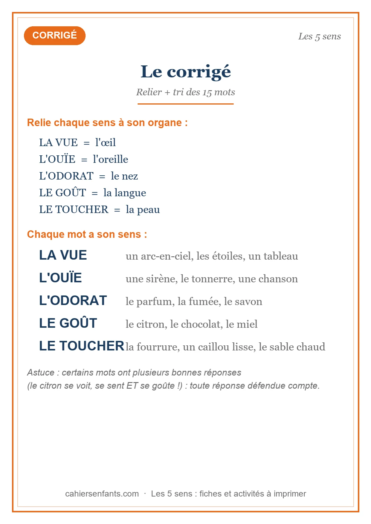 Le corrigé pour l’adulte, réponses des exercices relier et tri des 5 sens à imprimer