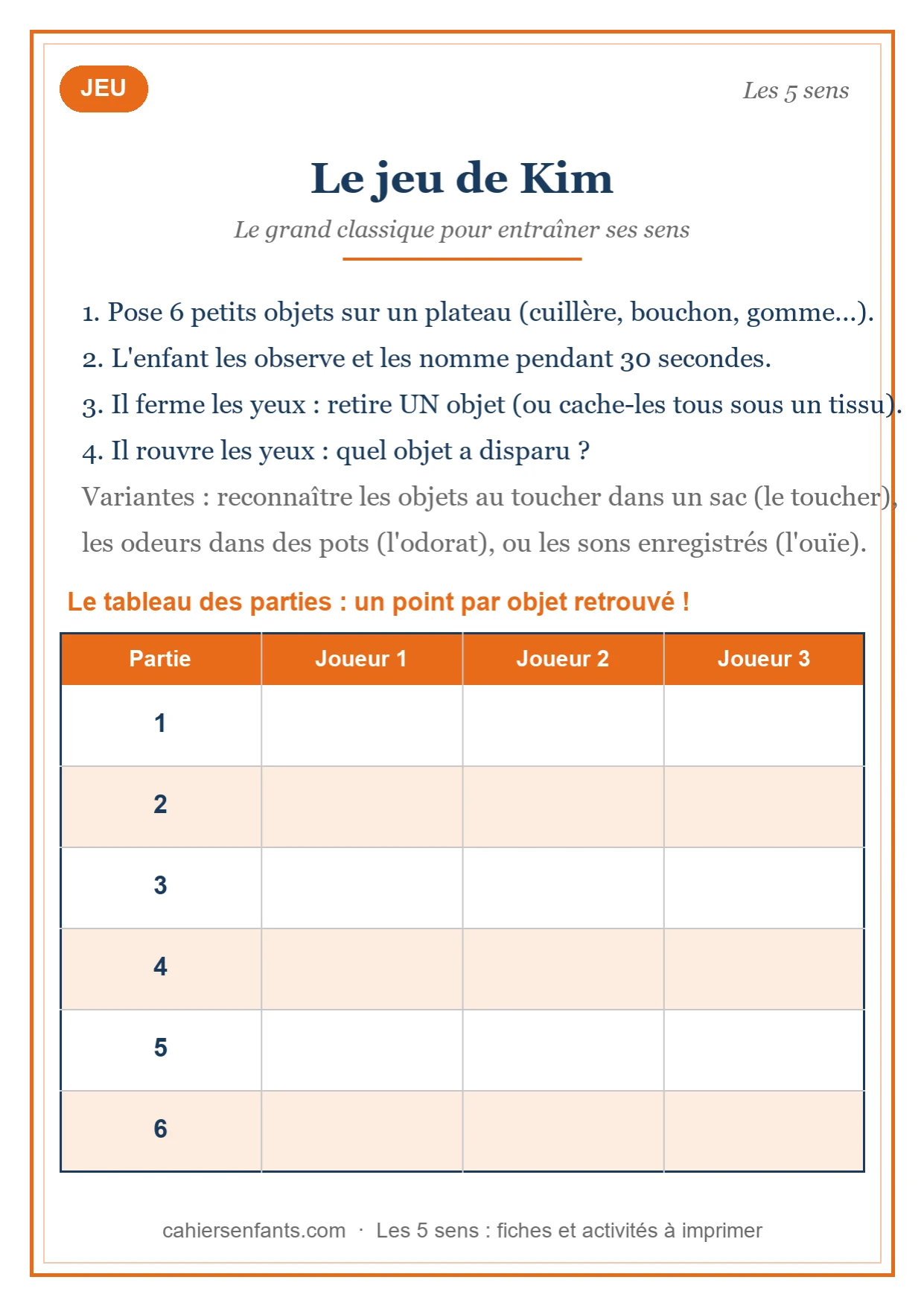 Le jeu de Kim, règles et tableau de scores sur les 5 sens à imprimer