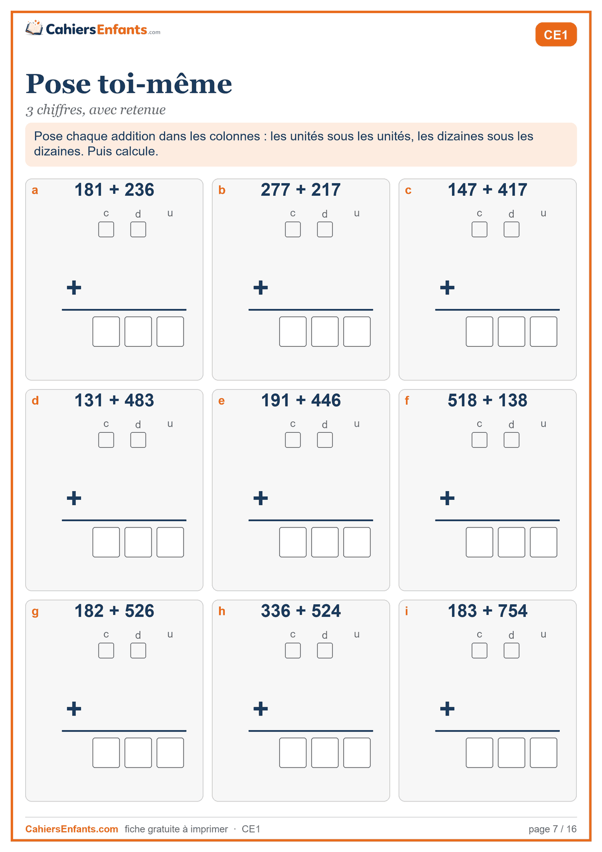 Fiche additions à poser soi-même CE1 à imprimer, 3 chiffres