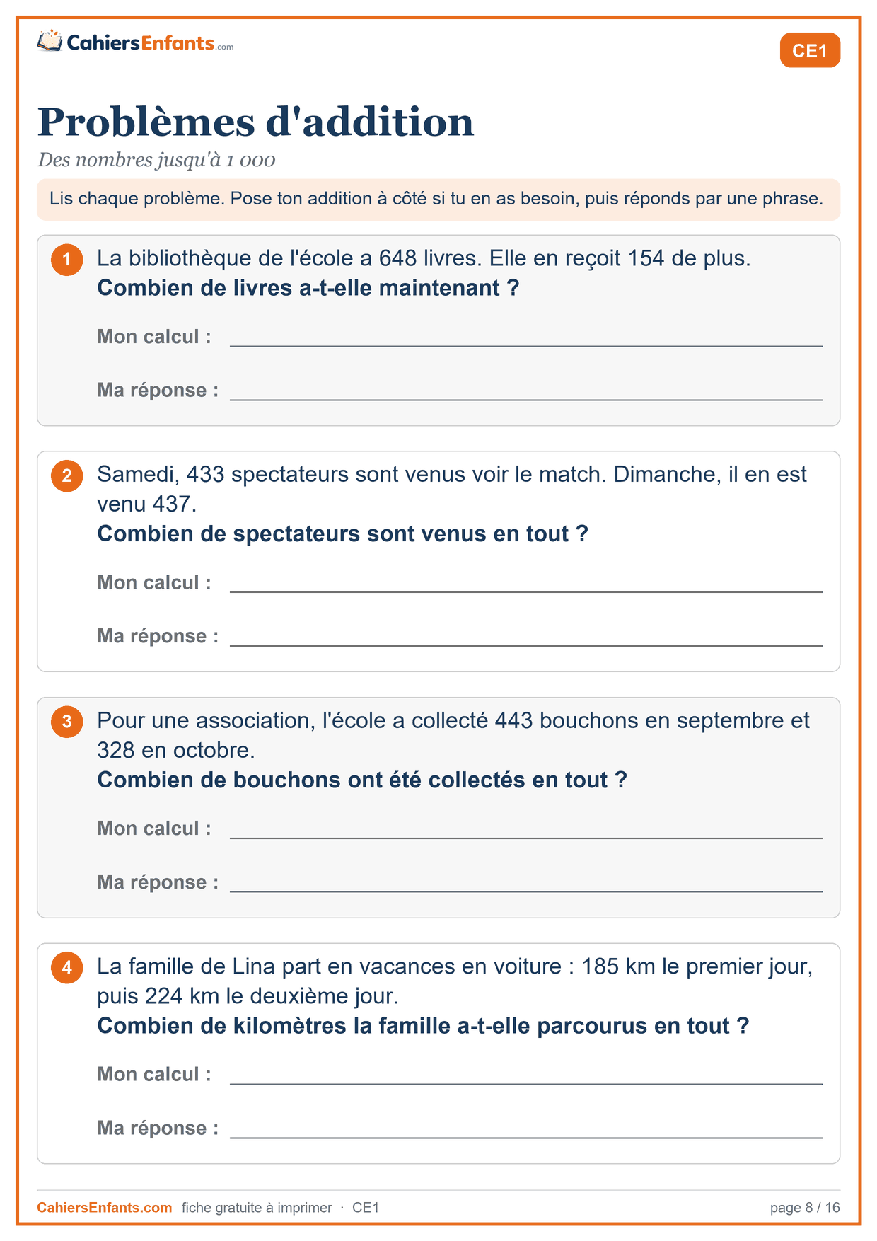 Fiche problèmes d'addition CE1 à imprimer