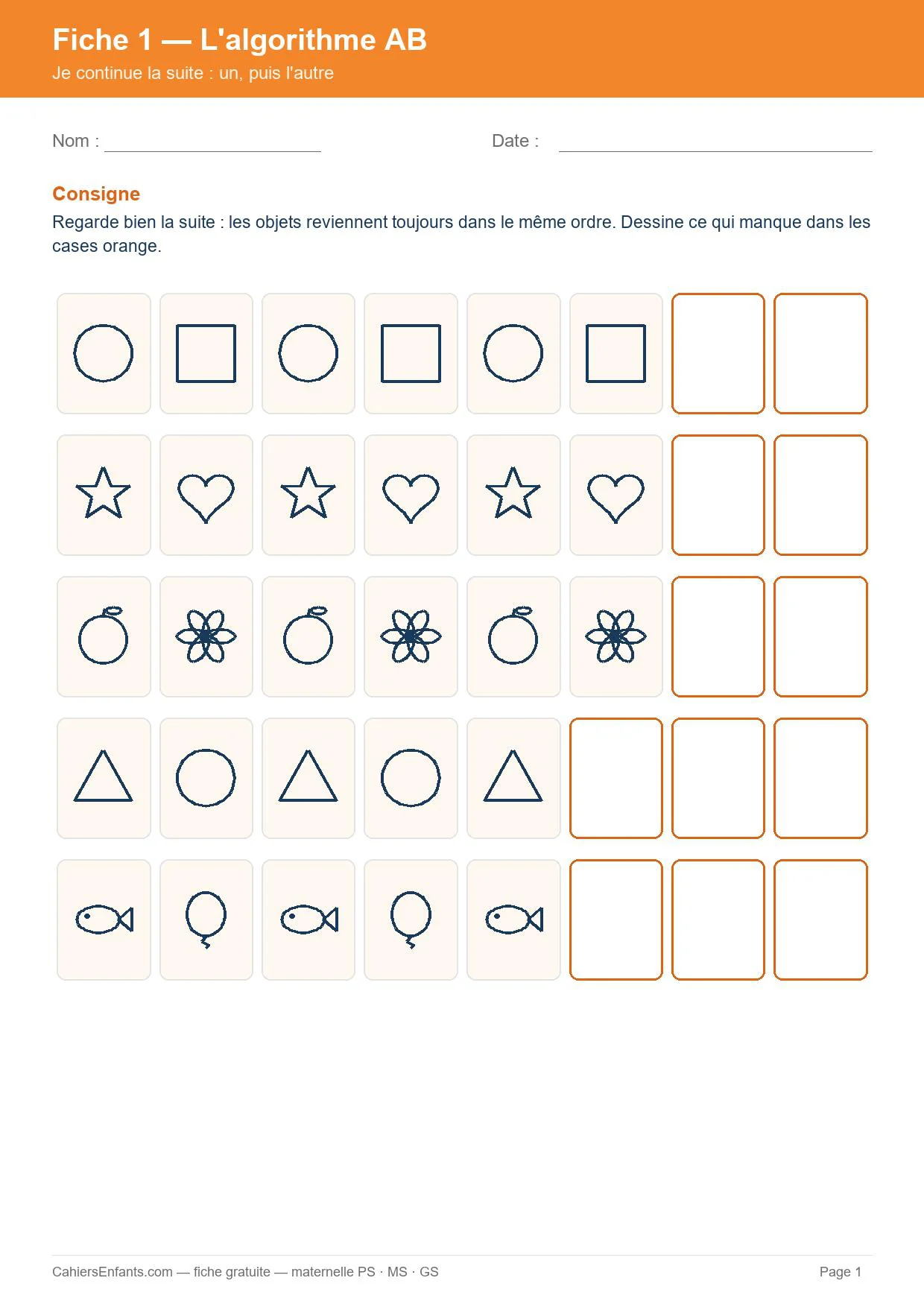 Algorithme AB, fiche de suites logiques pour la maternelle PS MS GS à imprimer