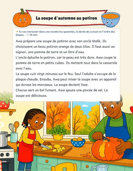 Une page du cahier Mon cahier de Lecture CE2 : la soupe au potiron