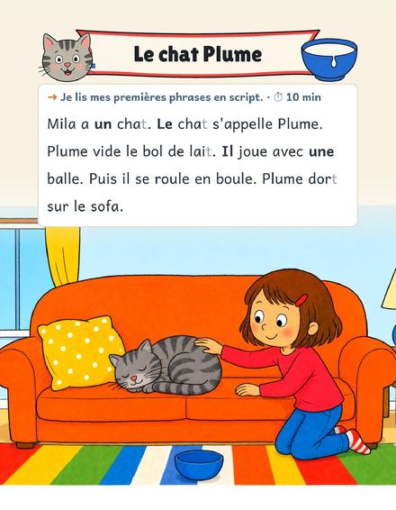 Une page du cahier Mon cahier de Lecture CP : « Le chat Plume »