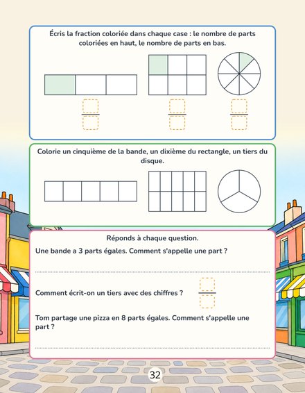Une page du cahier Mon cahier d’exercices de Maths CE1 : écrire la fraction coloriée, colorier un cinquième d’une bande et un tiers d’un disque