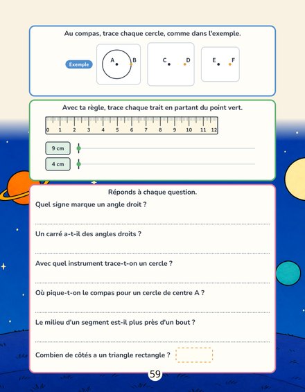 Une page du cahier Mon cahier d’exercices de Maths CE1 : tracer des cercles au compas et des traits à la règle à partir d’un point