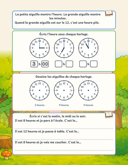 Une page du cahier Mon cahier d’exercices de Maths CP : lire l’heure sur des horloges et dessiner les aiguilles
