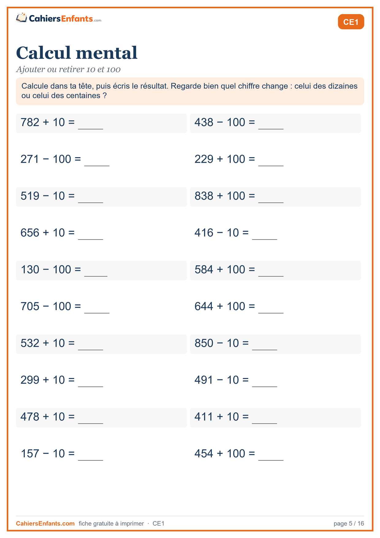 Fiche de calcul mental CE1 à imprimer : ajouter ou retirer 10 et 100