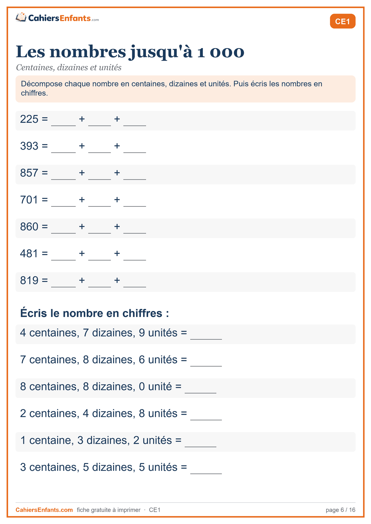 Fiche nombres jusqu'à 1000 CE1 à imprimer : décomposer et écrire en chiffres