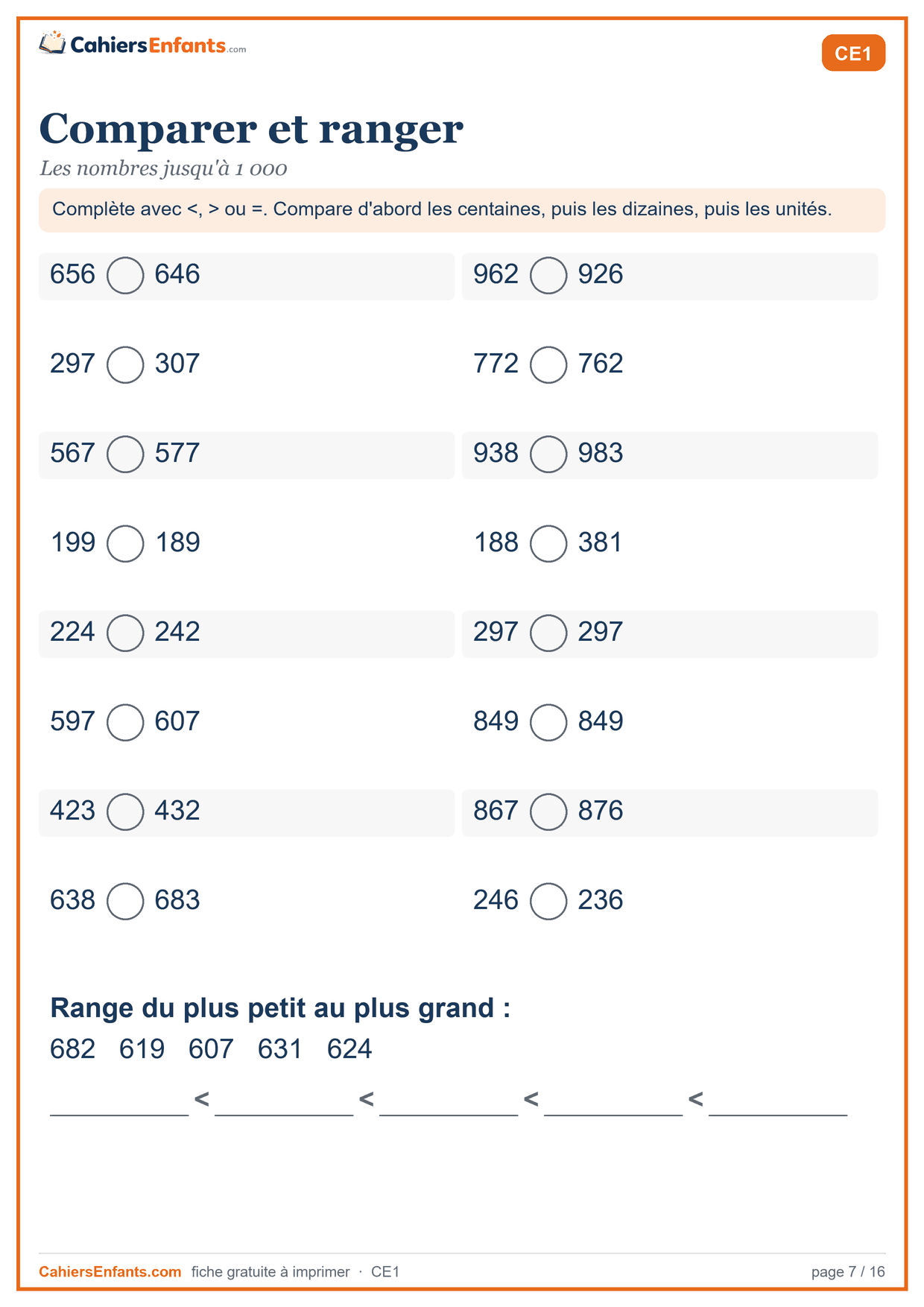 Fiche comparer et ranger les nombres jusqu'à 1000 CE1 à imprimer
