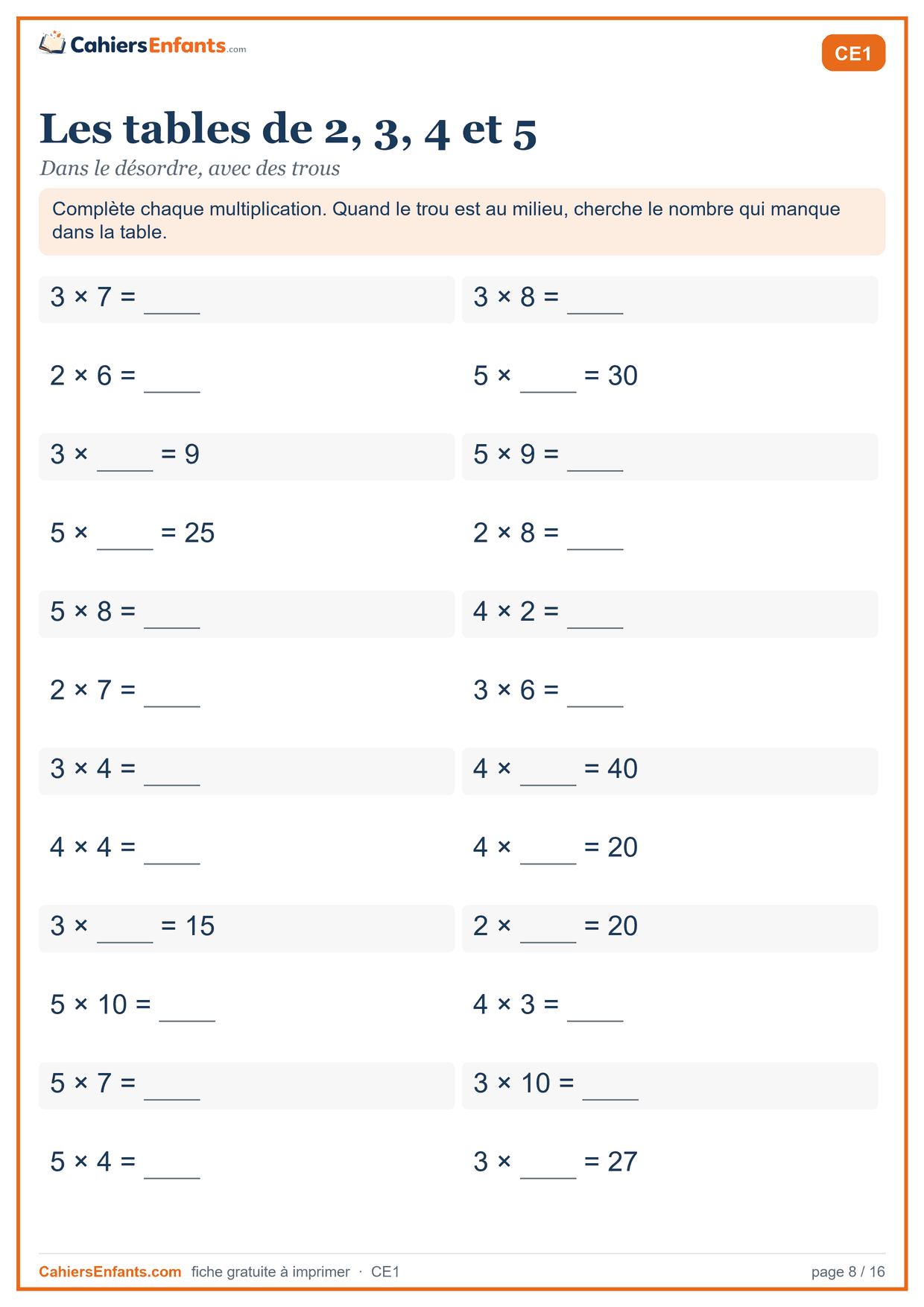 Fiche tables de multiplication de 2 à 5 CE1 à imprimer, dans le désordre
