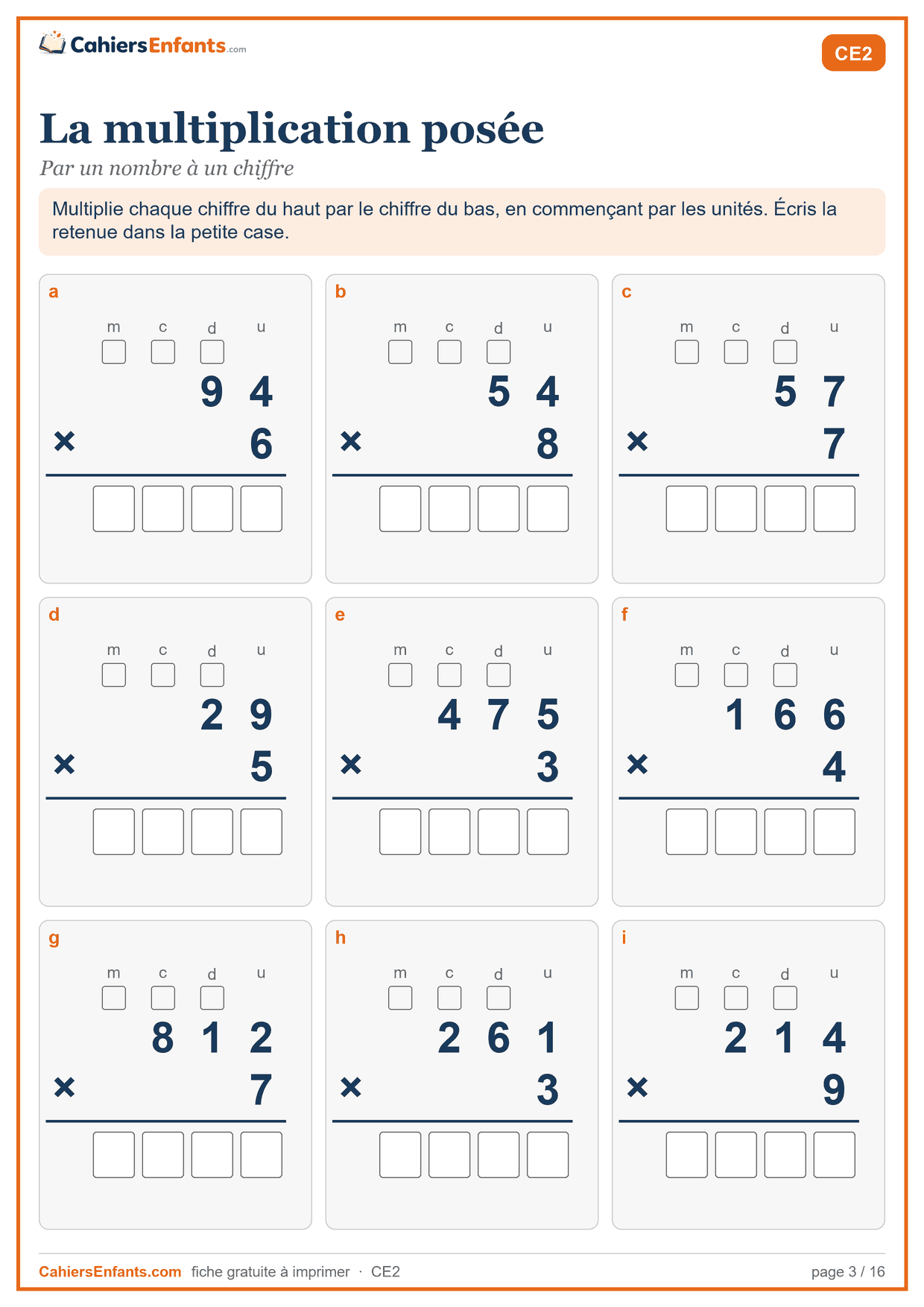 Fiche de multiplications posées CE2 à imprimer, par un nombre à un chiffre