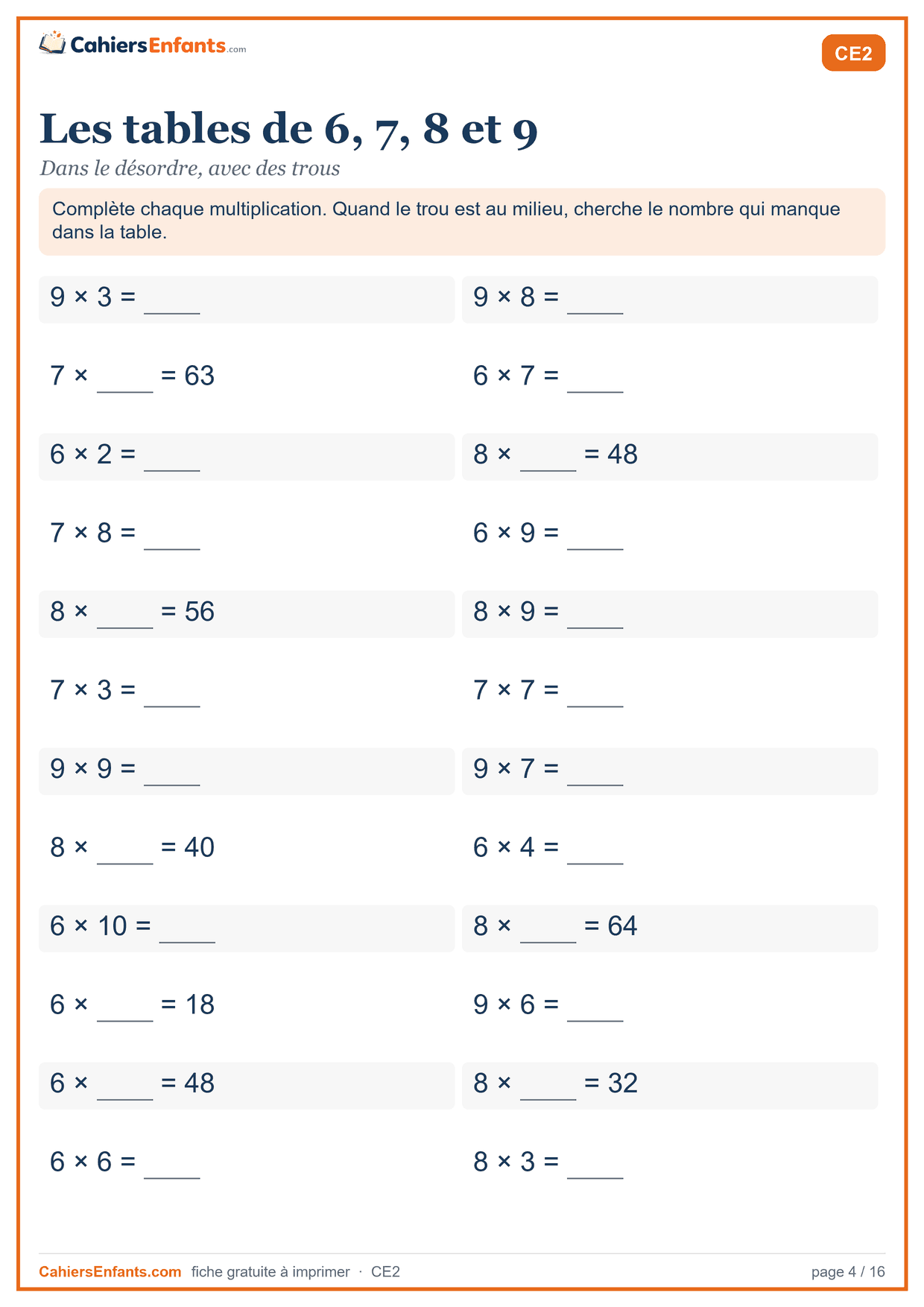 Fiche tables de multiplication de 6 à 9 CE2 à imprimer