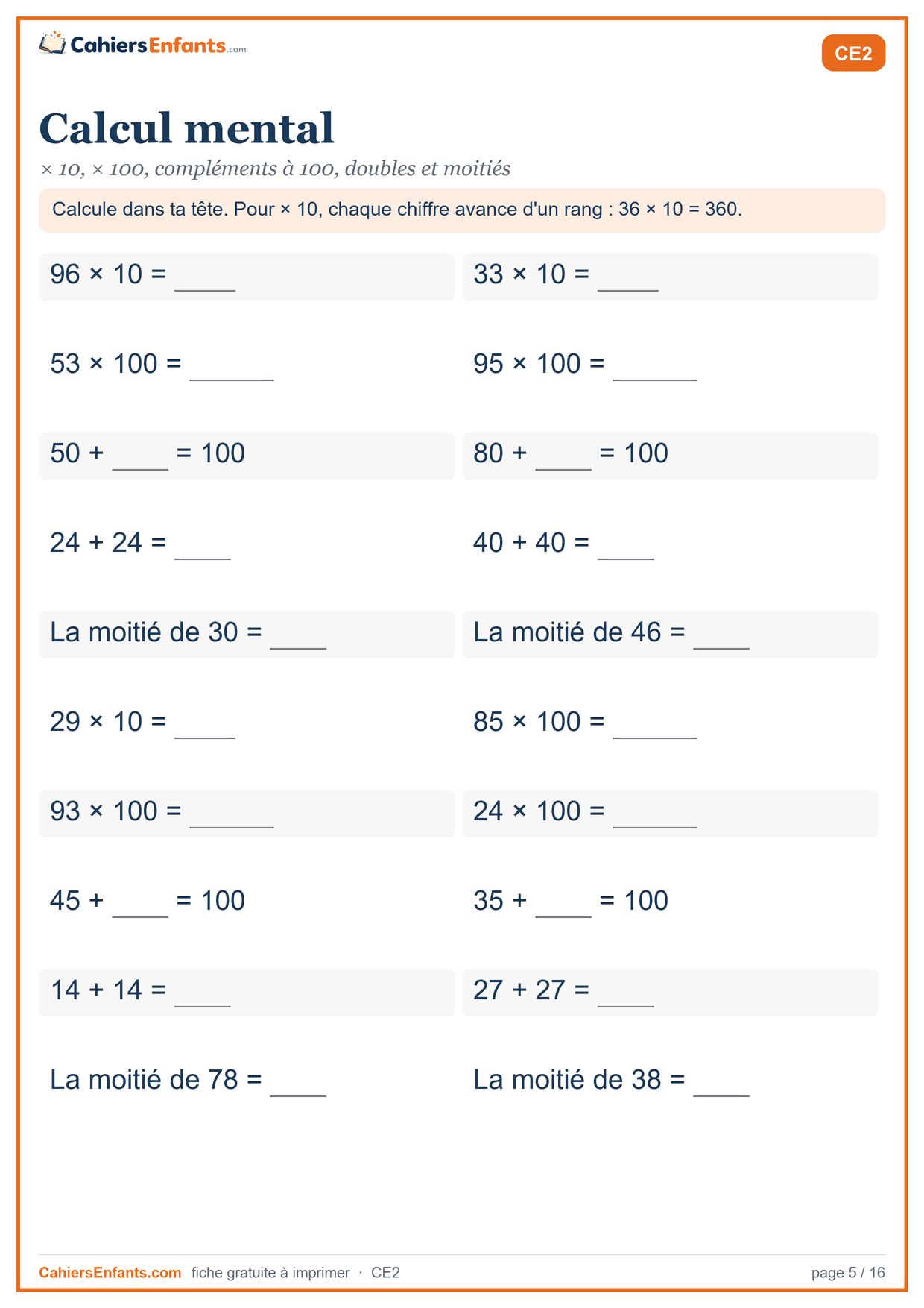 Fiche de calcul mental CE2 à imprimer