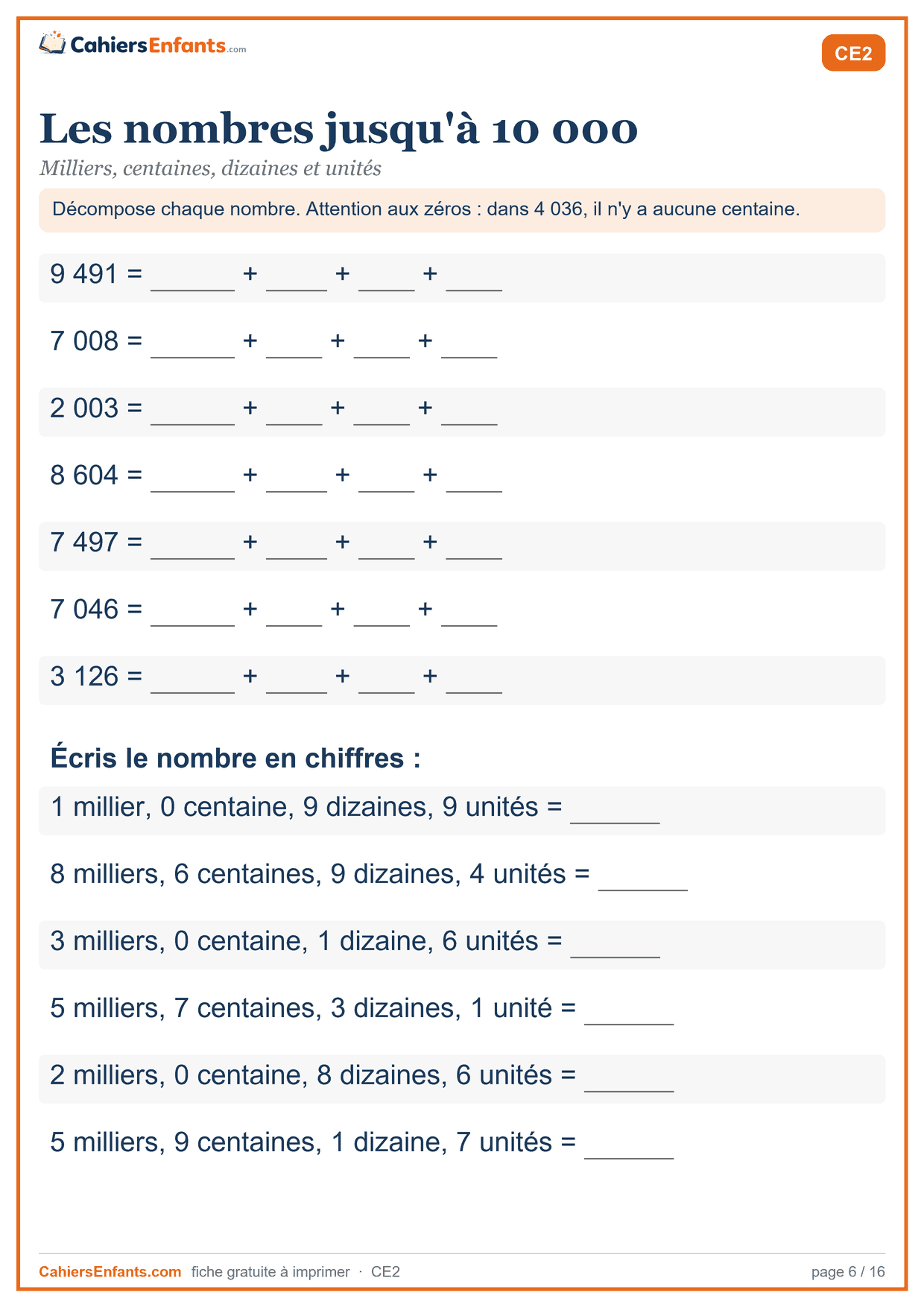 Fiche nombres jusqu'à 10 000 CE2 à imprimer : décomposer et écrire en chiffres