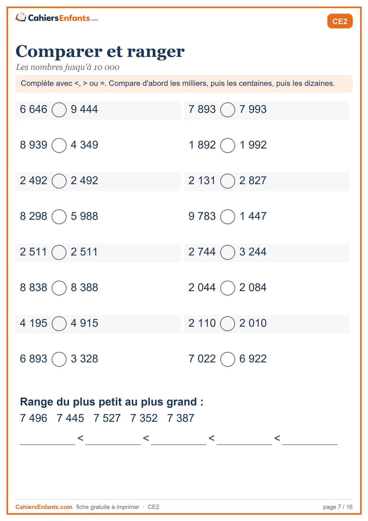 Fiche comparer et ranger les nombres jusqu'à 10 000 CE2 à imprimer