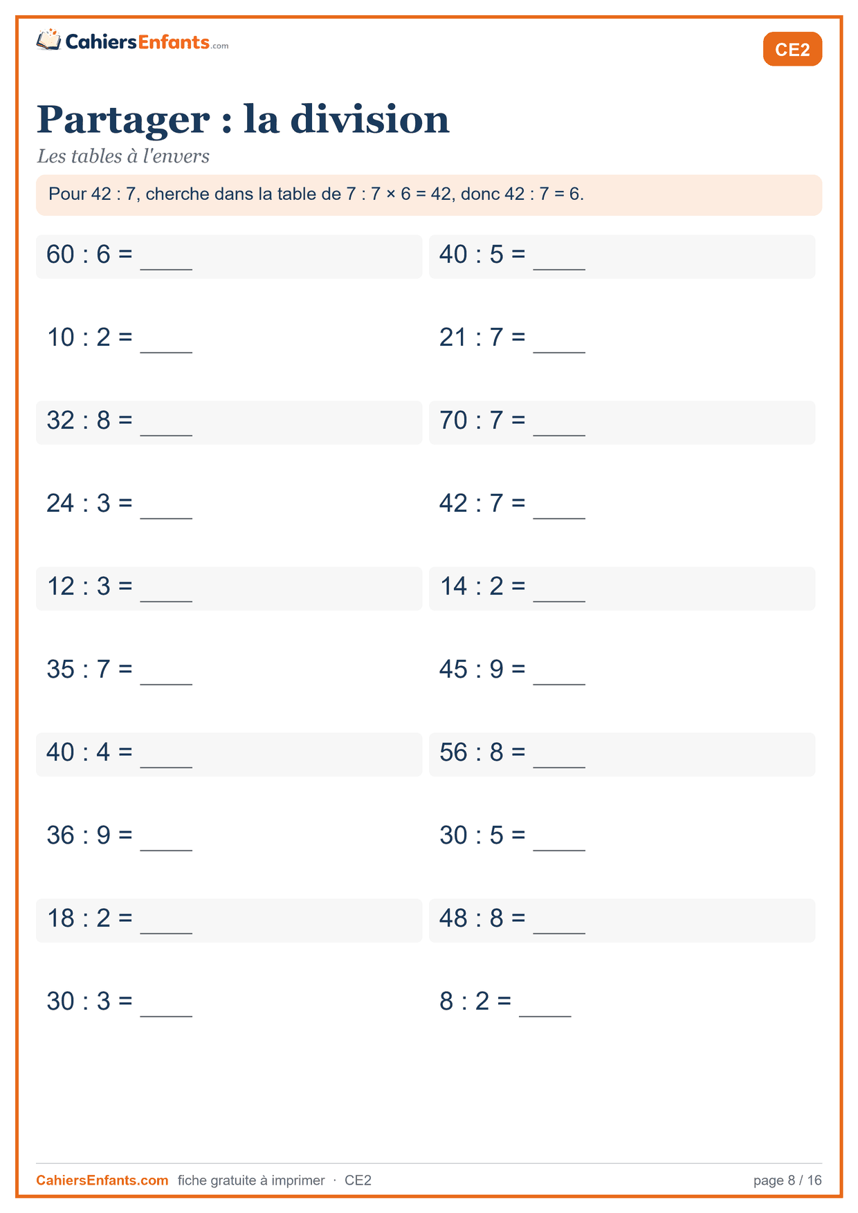 Fiche division CE2 à imprimer : partager avec les tables