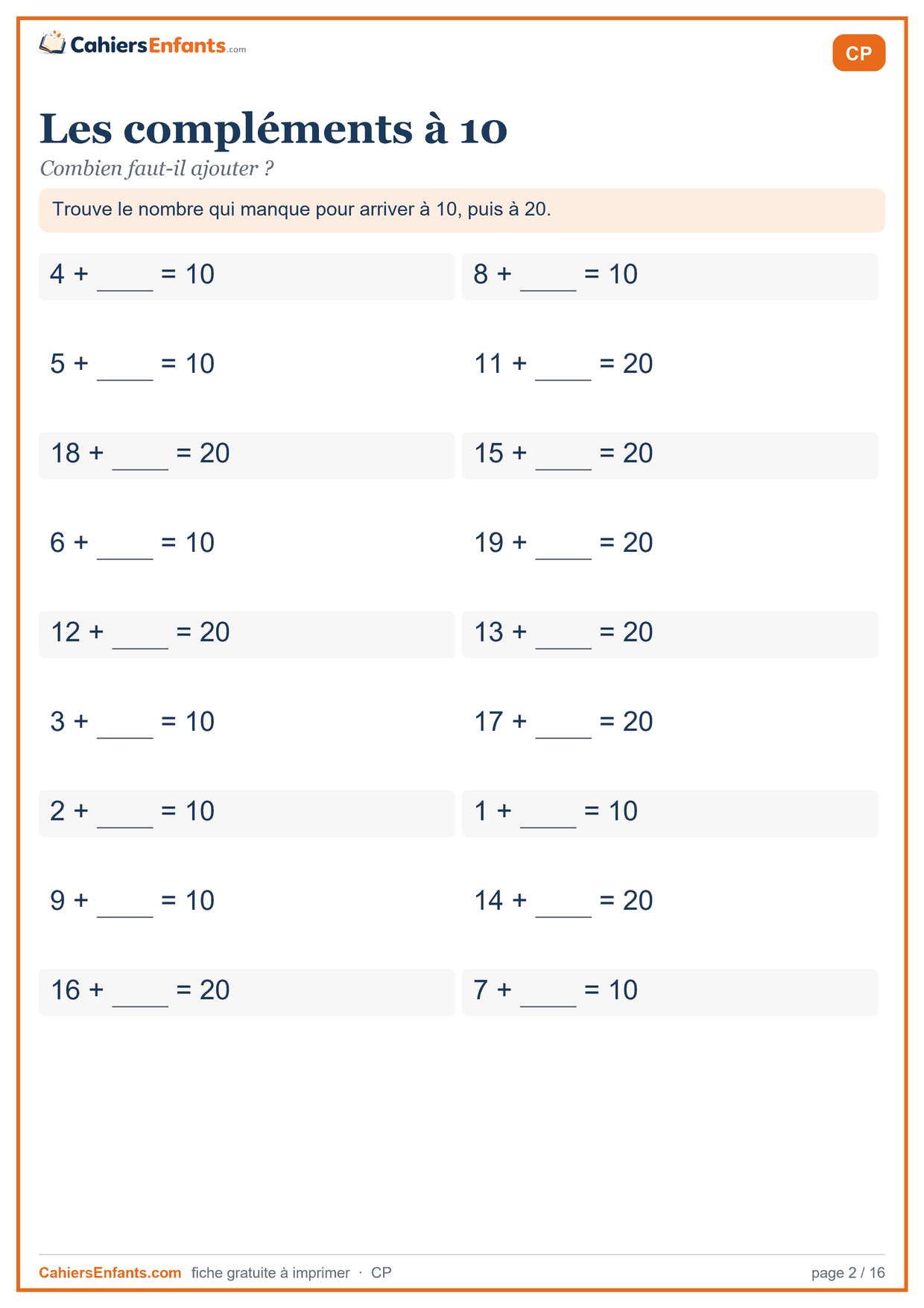 Fiche compléments à 10 et à 20 CP à imprimer, additions à trous